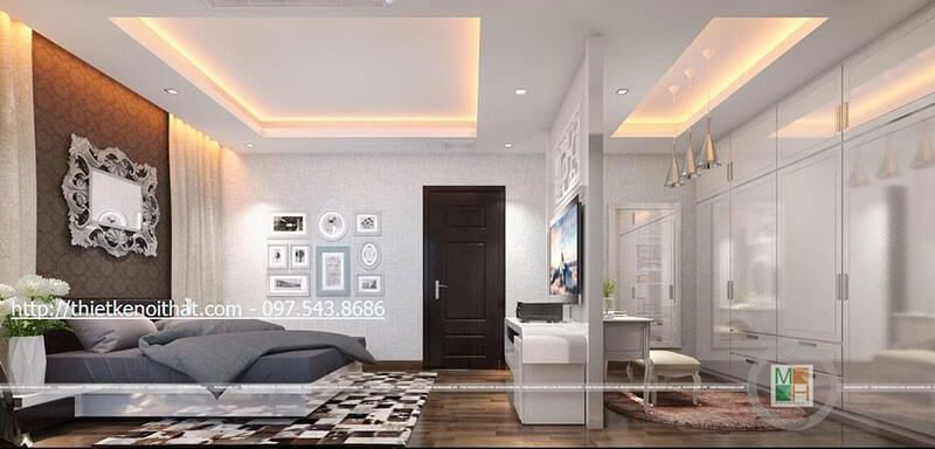 Phòng ngủ được thiết kế theo phong cách hiện đại với tone màu trắng ấn tượng phù hợp xu thế